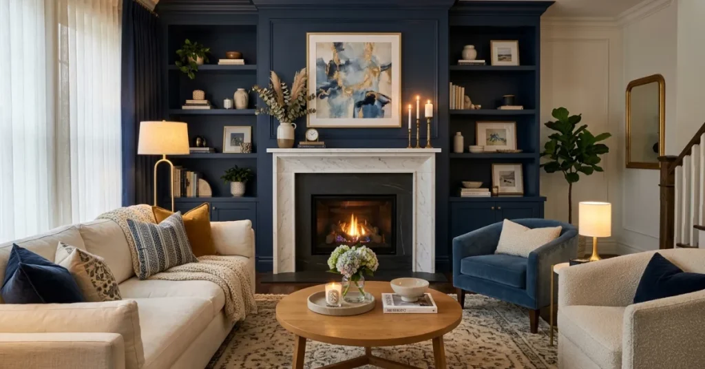 Blue Fireplace Feature Wall