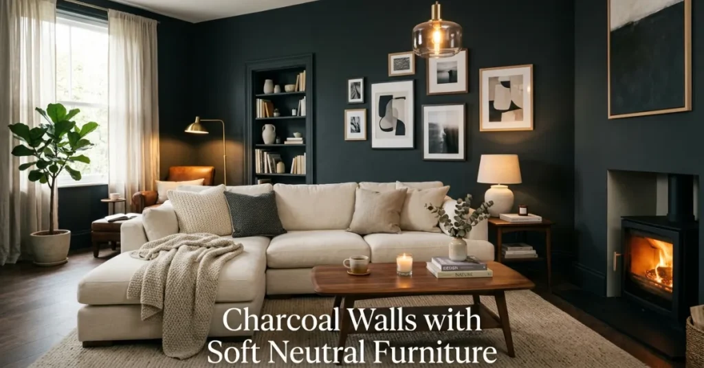  Charcoal Walls with Soft Neutral Furniture