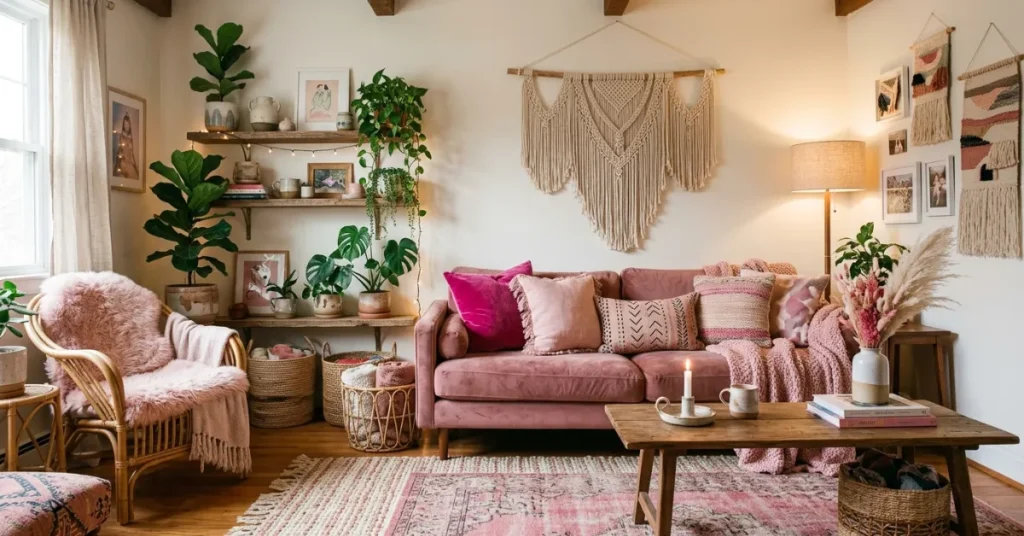 Cozy Pink Boho Living Room