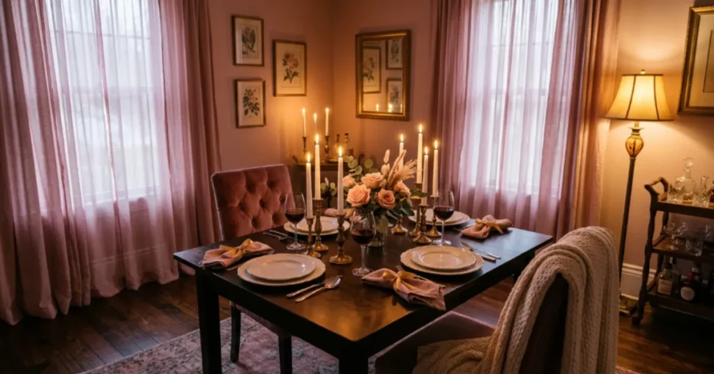 Elegant Candle-Lit Pink Dining Room