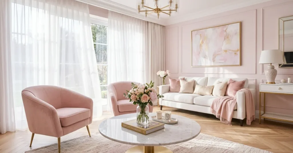 Elegant Pastel Pink & White Living Room