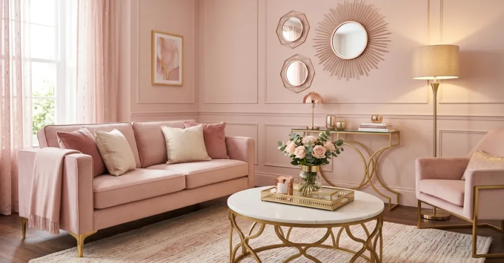 Glam Pink Living Room with Gold Accents