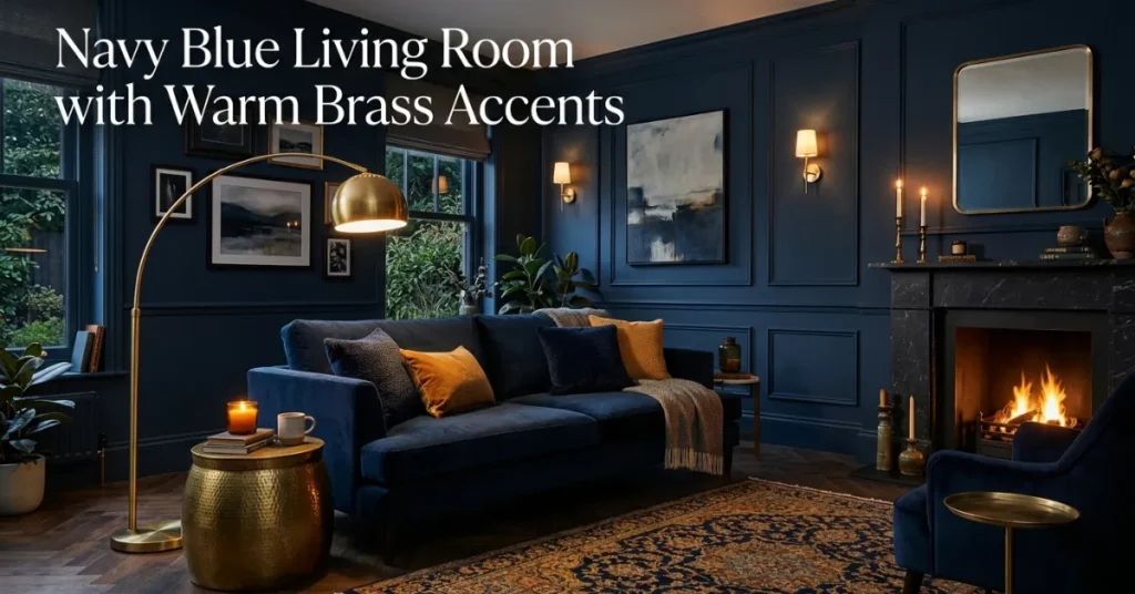  Navy Blue Living Room with Warm Brass Accents