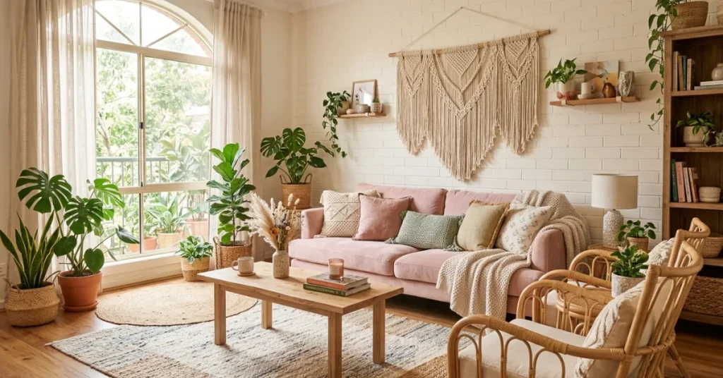 What Defines a Pastel Boho Living Room?