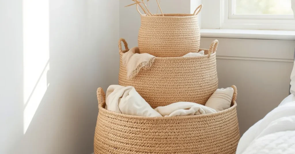 Add Woven Storage Baskets to Bedroom Corners