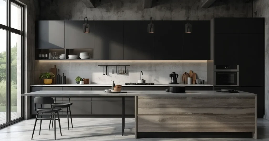 Black Cabinets and Concrete Countertops