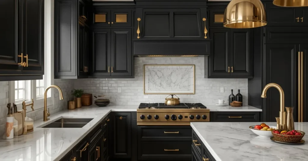 Black Cabinets with Brass Details