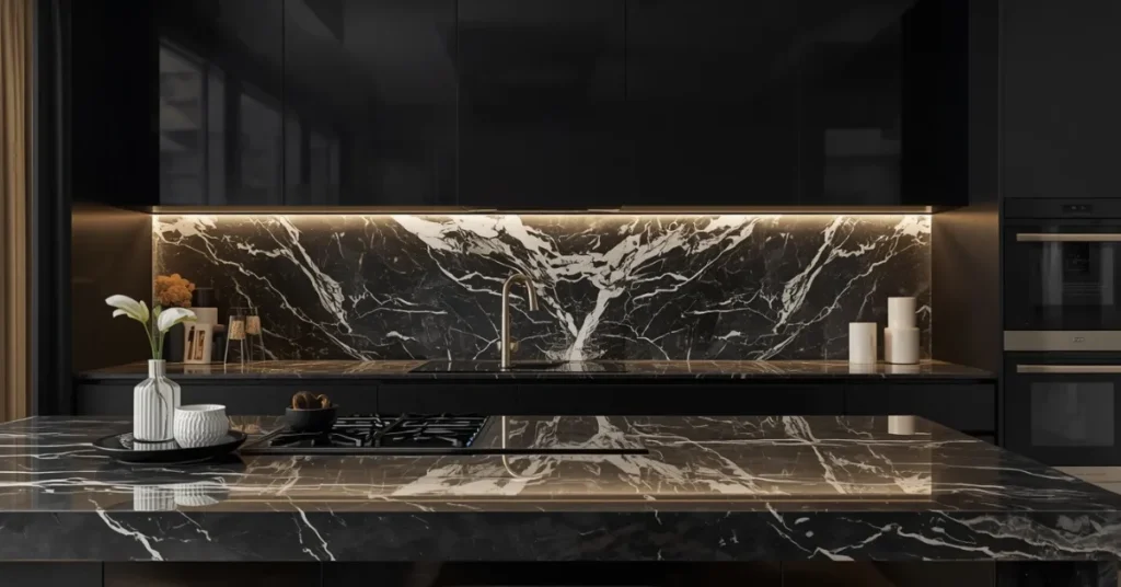 Black Cabinets with Dramatic Backsplashes