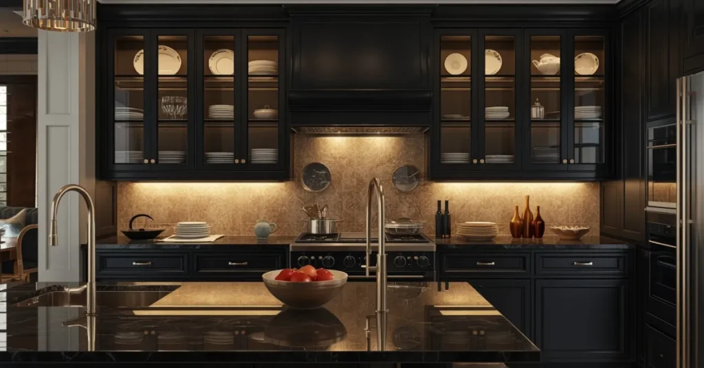 Black Cabinets with Glass Front Doors