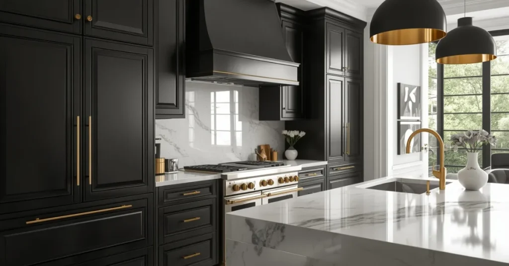 Black Cabinets with Gold Hardware
