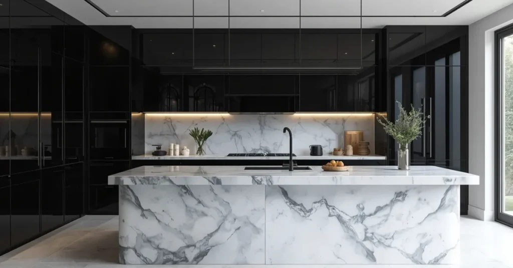 Black Cabinets with Marble Countertops