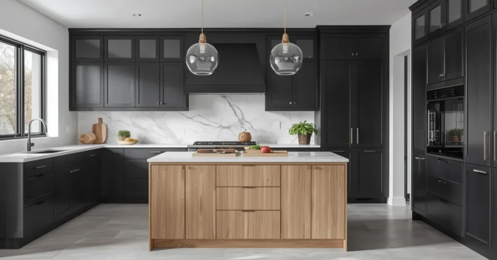 Black Cabinets with Natural Wood Accents