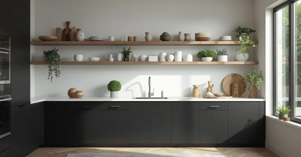 Black Cabinets with Open Shelving