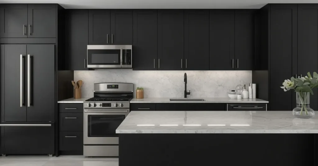 Black Cabinets with Quartz Countertops