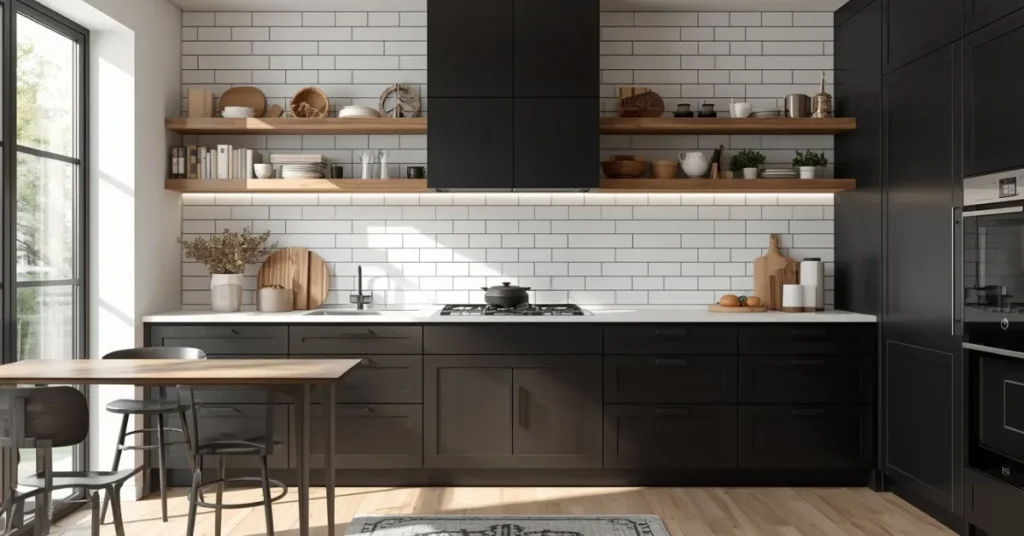 Black Cabinets with Subway Tile Backsplash