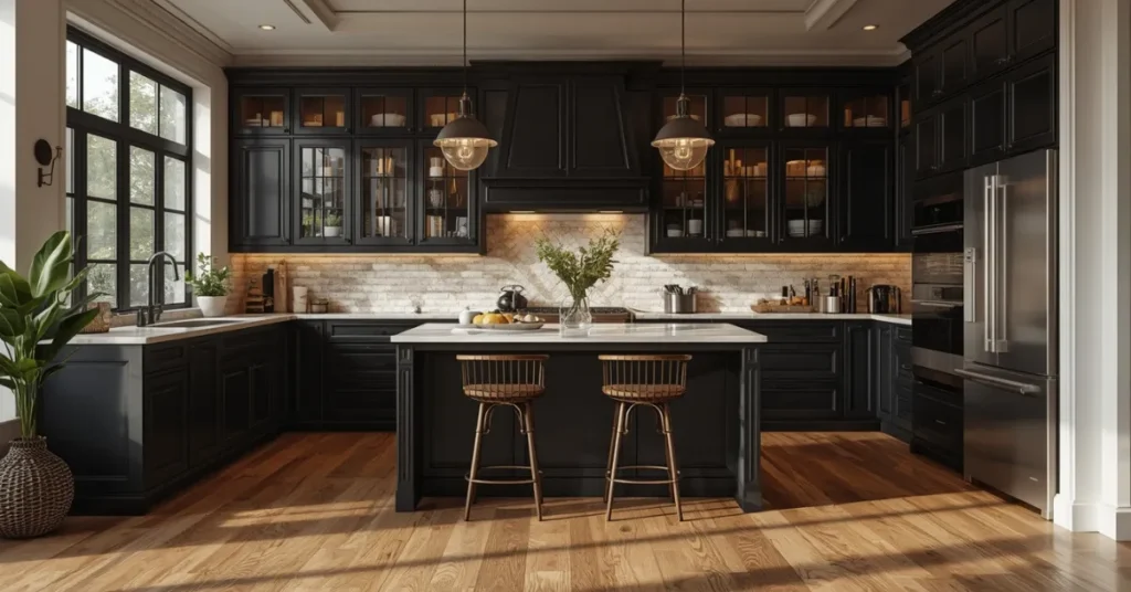 Black Cabinets with Warm Wood Floors
