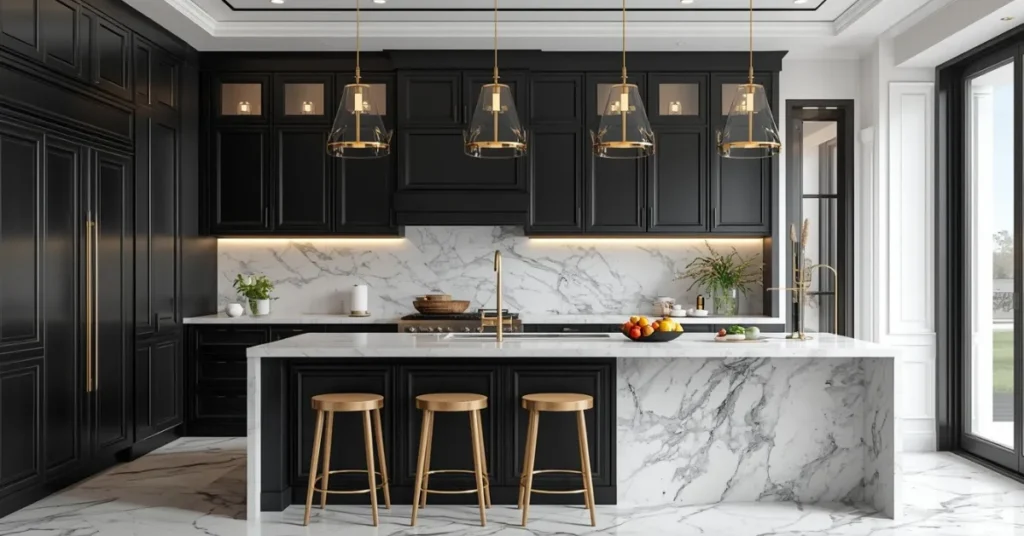 Black Cabinets with White Marble Countertops