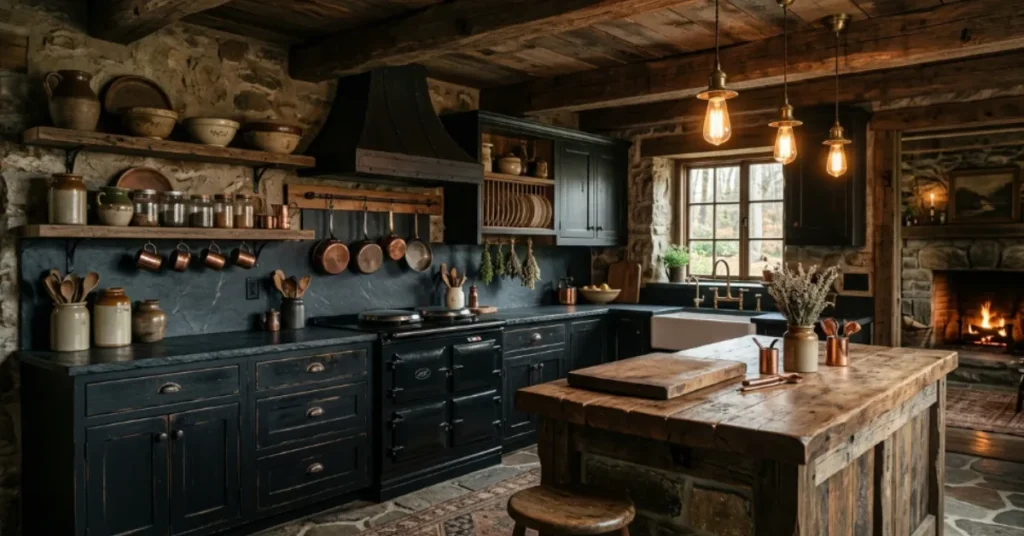 Black Kitchen With Brass Accents