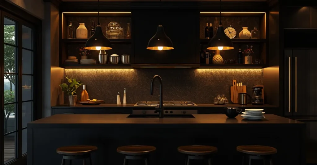Black Kitchen With Warm Lighting