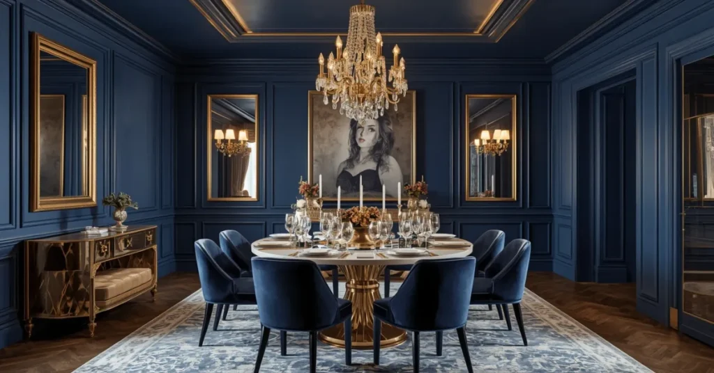 Blue and Gold Glam Dining Room