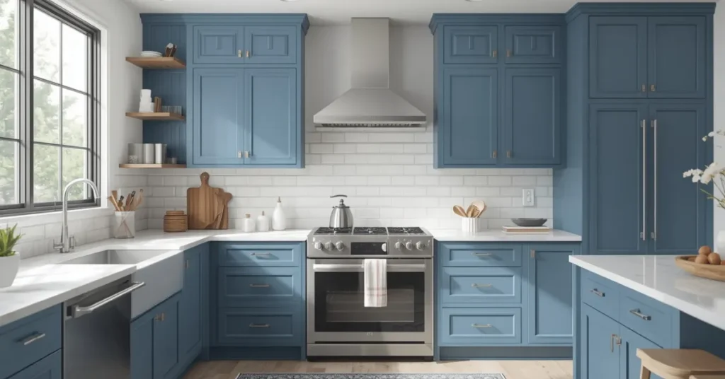 Blue Cabinets and Subway Tile Backsplash