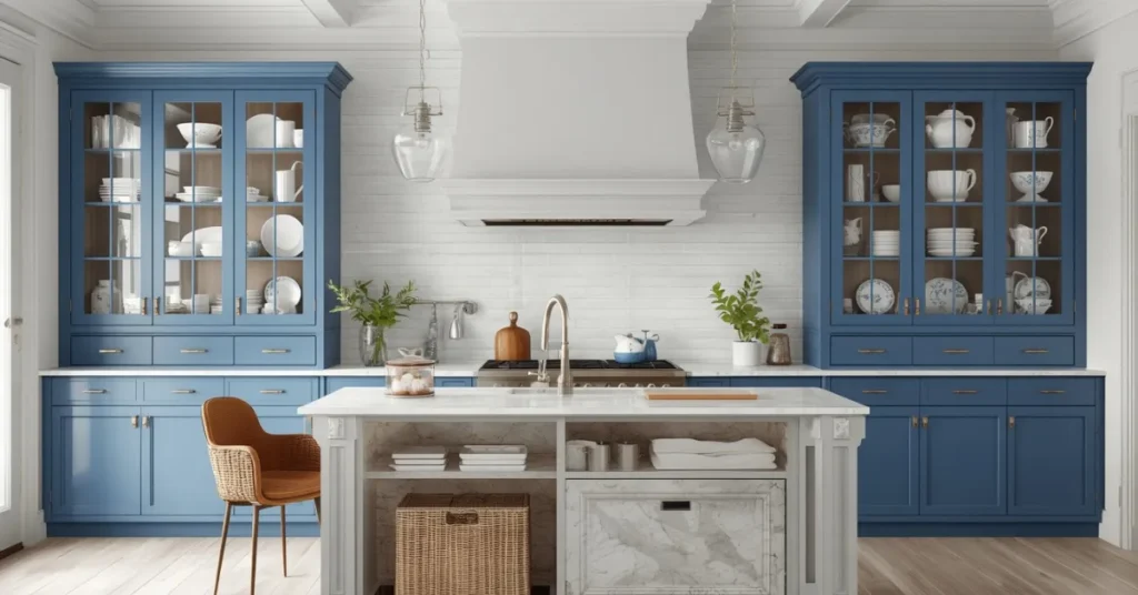 Blue Cabinets with Glass Front Doors