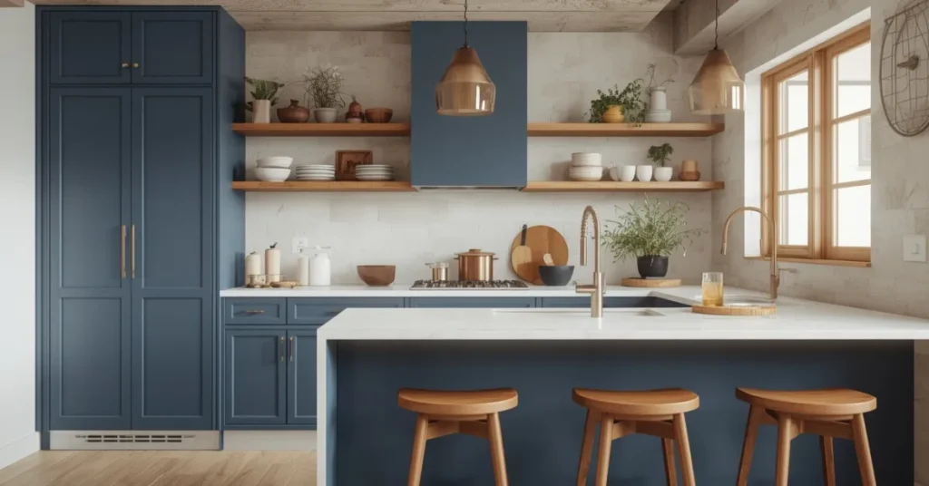 Blue Cabinets with Natural Wood Accents