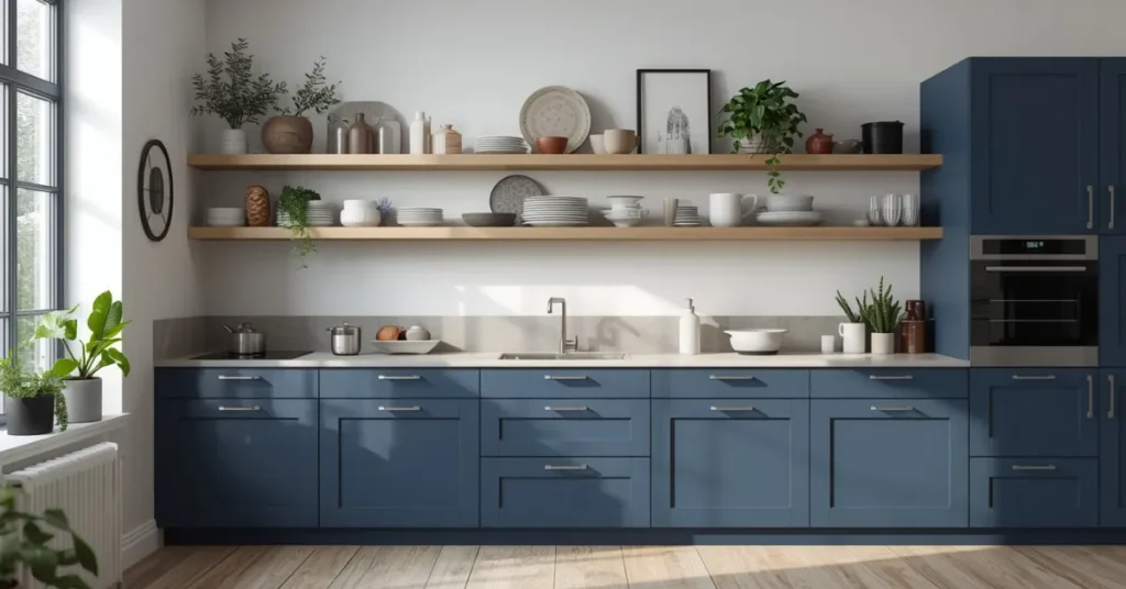 Blue Cabinets with Open Shelving