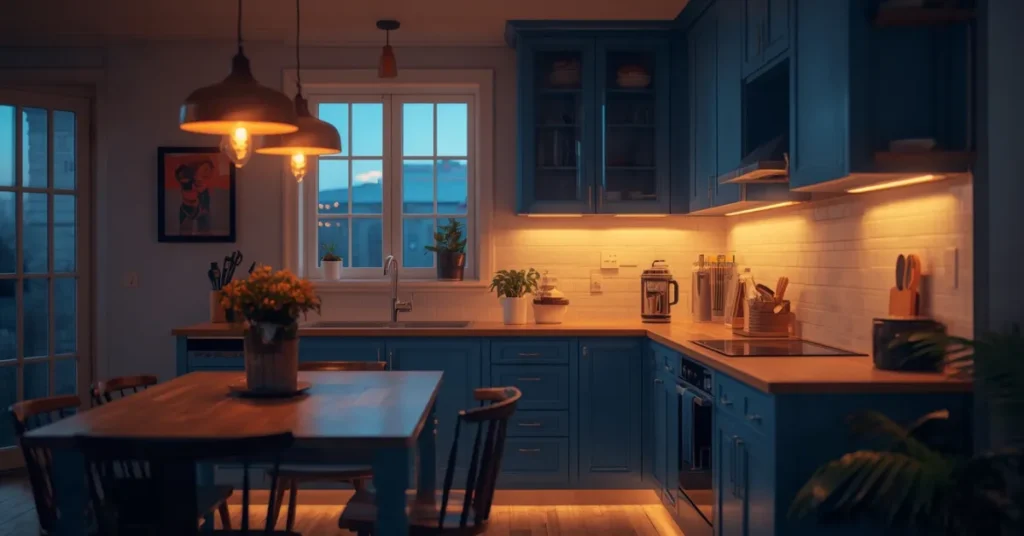 Blue Cabinets with Warm Lighting
