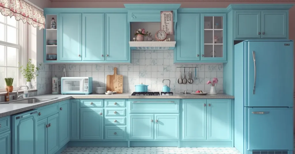 Blue Kitchen Island with Neutral Cabinets