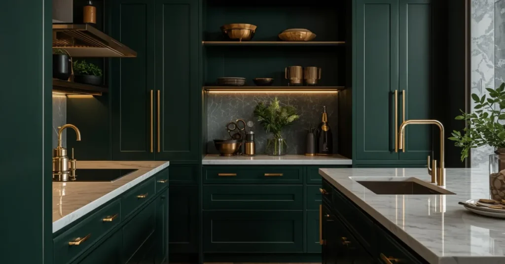 Bottle Green Cabinets with Brass Details