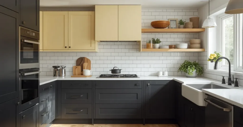 Charcoal Black and Soft Yellow – Two Tone Kitchen Cabinet Ideas for Warmth