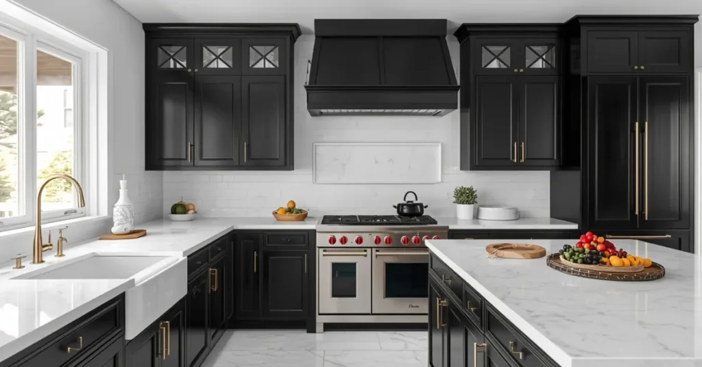 Classic Black Cabinets with Gold Hardware