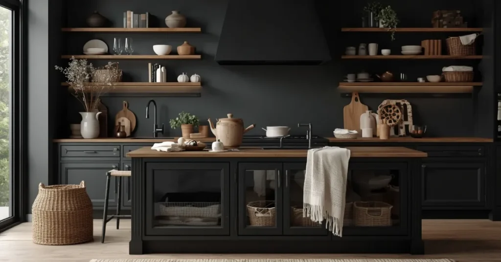 Cozy Black Kitchen with Layered Textures