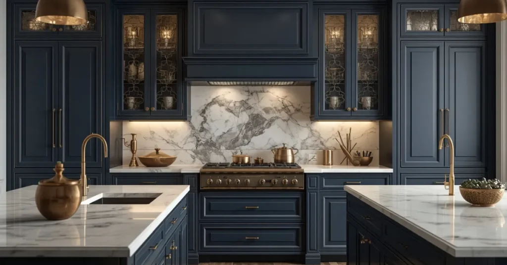 Dark Blue Cabinets with Brass Details
