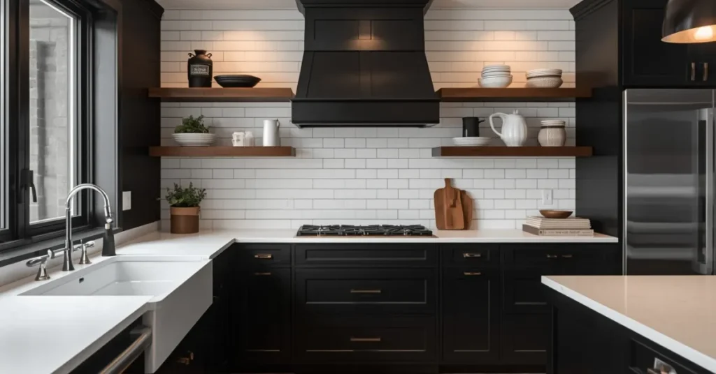 Dark Cabinet Kitchen Ideas with White Subway Tile