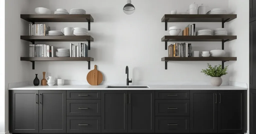 Dark Cabinet Kitchen with Open Shelving
