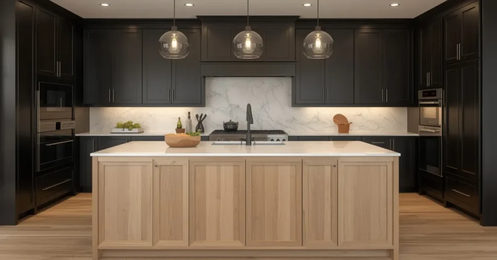 Dark Cabinetry with a Light Wood Island