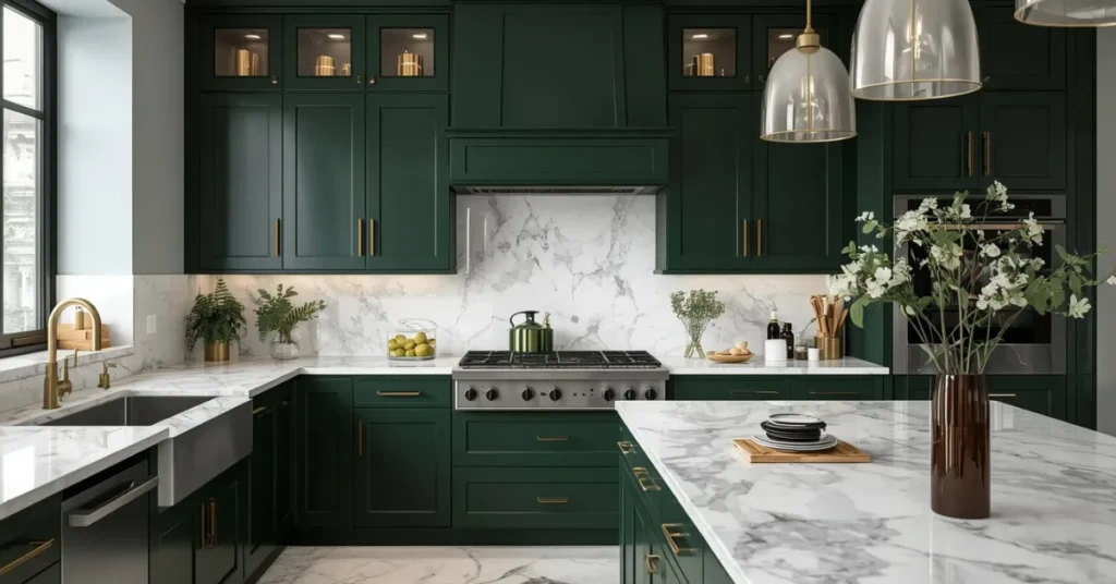 Dark Emerald Cabinets with Marble Accents