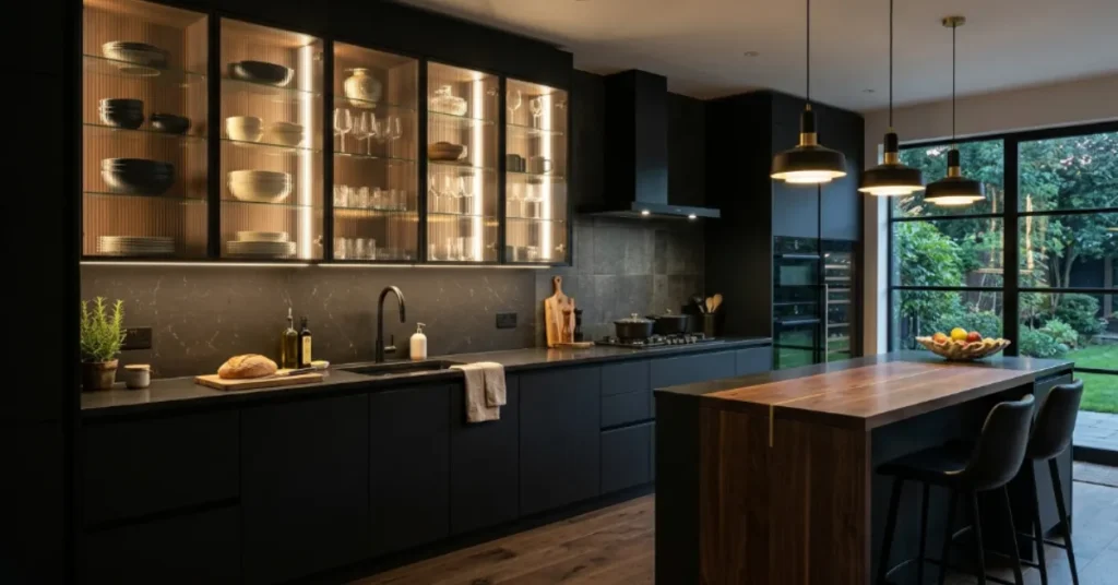 Dark Kitchen With Glass Cabinets