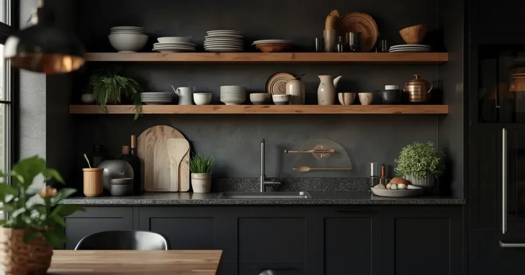 Dark Kitchen With Open Shelving