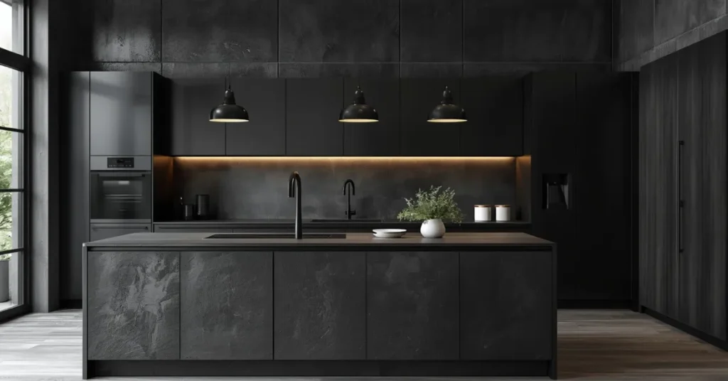 Dark Kitchen With Textured Walls