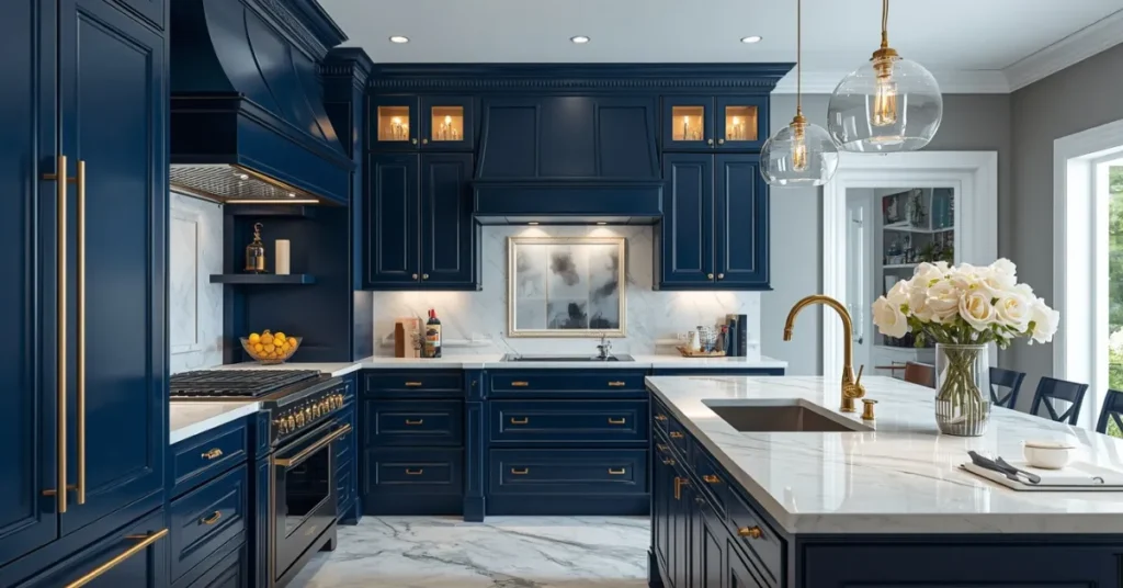Deep Blue Cabinets with Marble Countertops