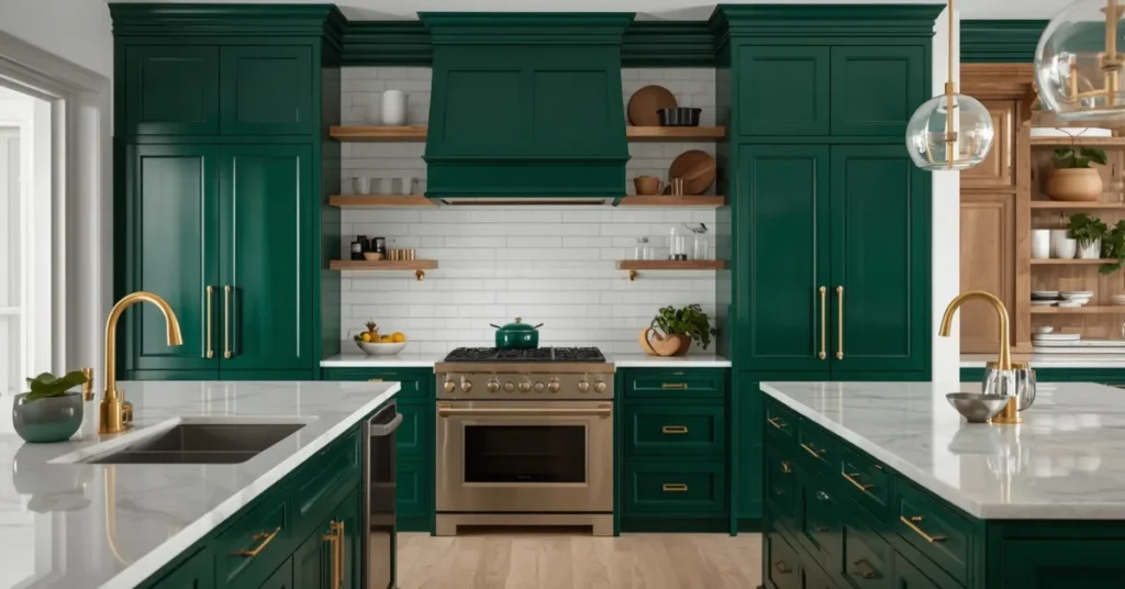 Emerald Green Kitchen Cabinets with Gold Hardware