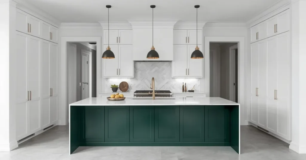 Forest Green Kitchen Island with White Cabinets