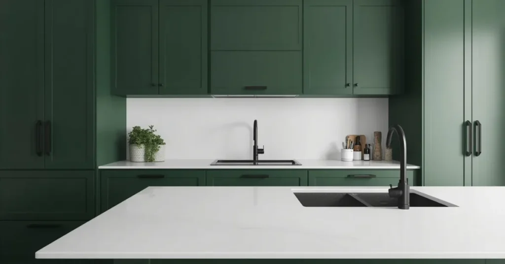 Green Cabinets with Black Hardware