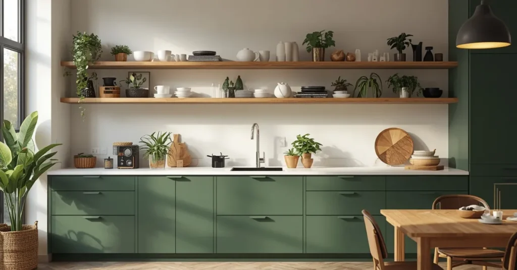 Green Cabinets with Open Shelving