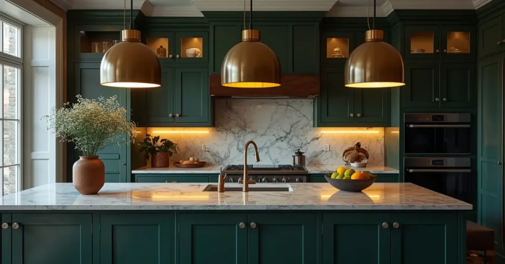 Green Cabinets with Statement Lighting