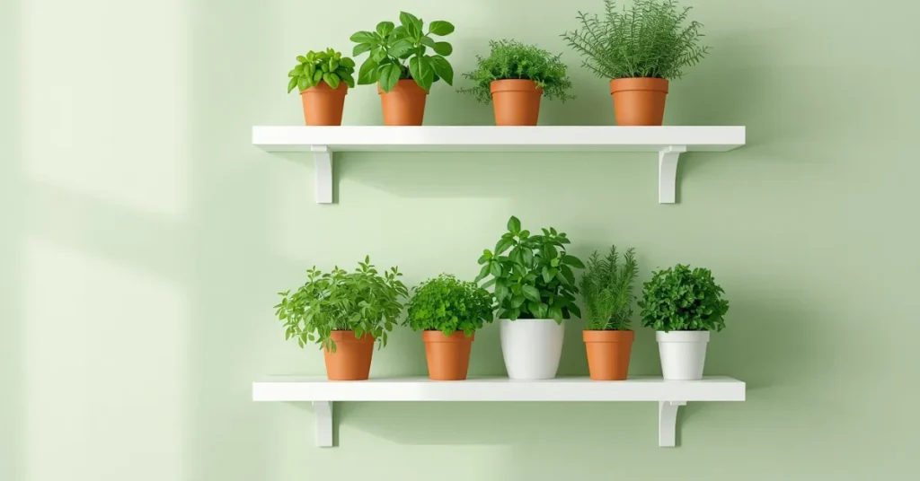 Green Kitchen Herb Wall with Floating Shelves