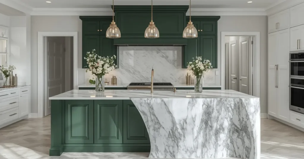 Green Kitchen Island with Waterfall Countertop